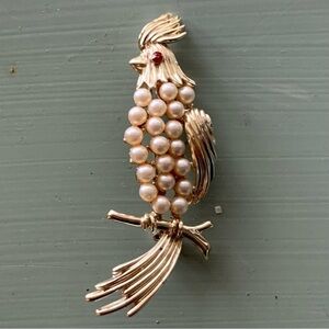 Vintage Bird Brooch Pin Faux Pearl Beads Signed BSK